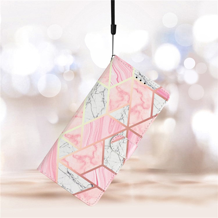 For Samsung Galaxy S25 Edge Wallet Case PU Leather Pattern Printing Stand Phone Cover with Strap - Pink Marble
