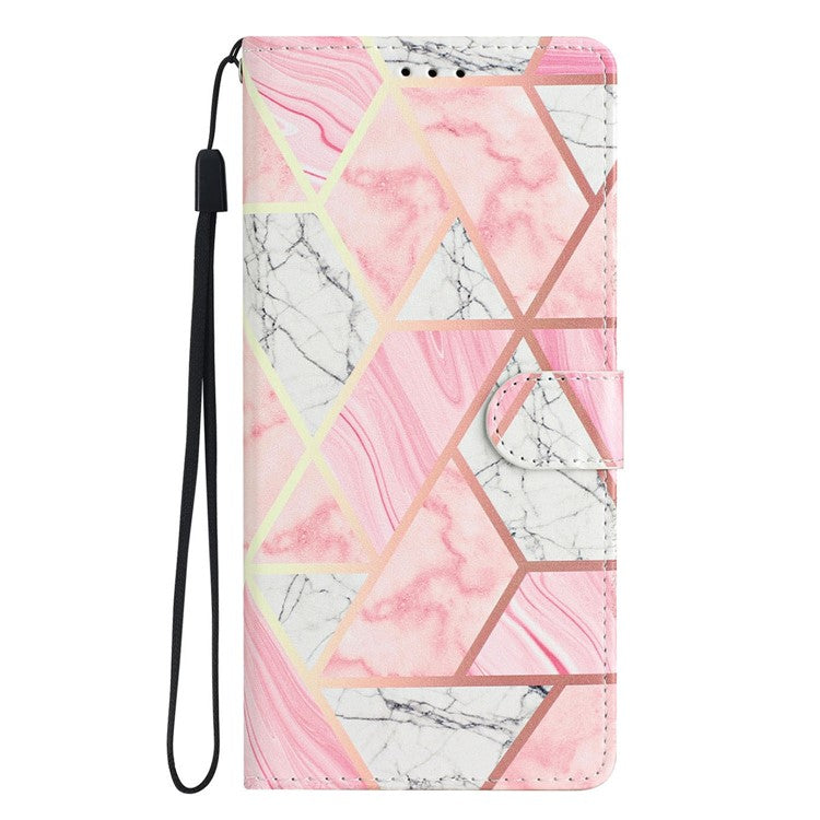For Samsung Galaxy S25 Edge Wallet Case PU Leather Pattern Printing Stand Phone Cover with Strap - Pink Marble