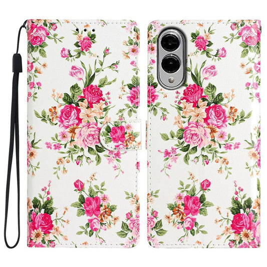 For Samsung Galaxy S25 Edge Wallet Case PU Leather Pattern Printing Stand Phone Cover with Strap - Red Flowers