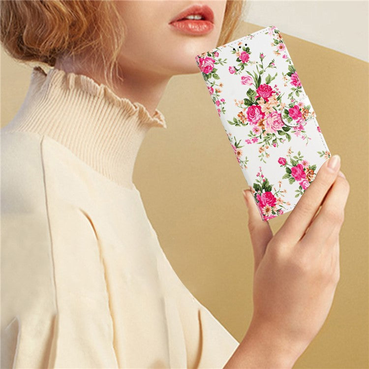 For Samsung Galaxy S25 Edge Wallet Case PU Leather Pattern Printing Stand Phone Cover with Strap - Red Flowers