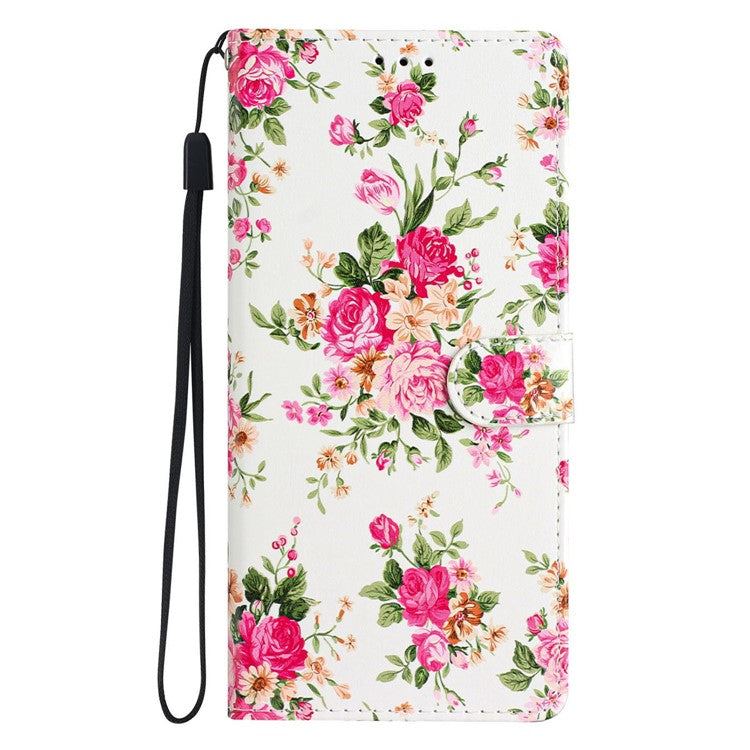 For Samsung Galaxy S25 Edge Wallet Case PU Leather Pattern Printing Stand Phone Cover with Strap - Red Flowers