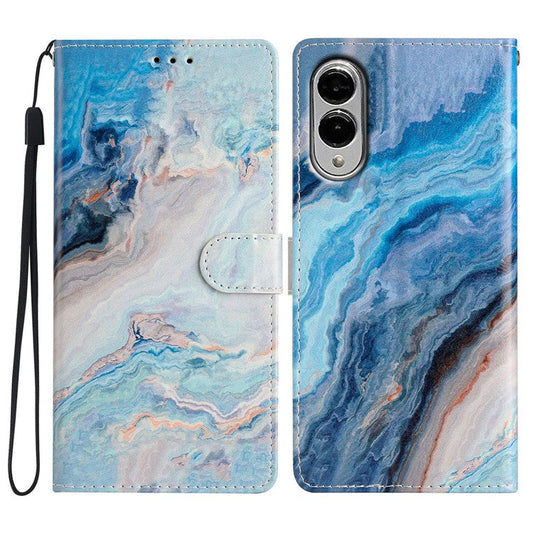 For Samsung Galaxy S25 Edge Wallet Case PU Leather Pattern Printing Stand Phone Cover with Strap - Blue Marble