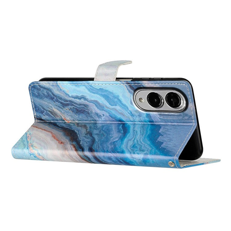 For Samsung Galaxy S25 Edge Wallet Case PU Leather Pattern Printing Stand Phone Cover with Strap - Blue Marble