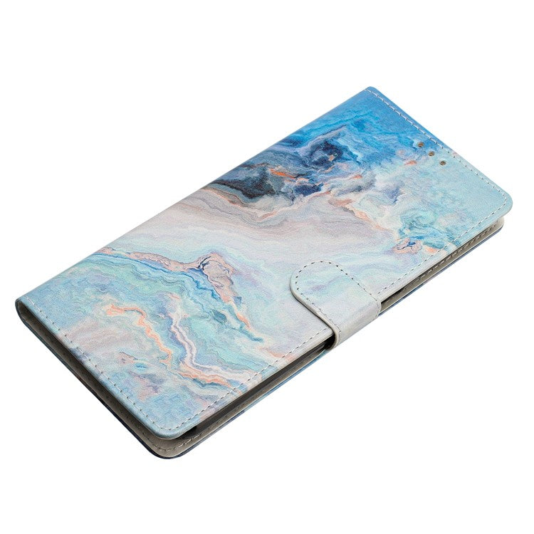 For Samsung Galaxy S25 Edge Wallet Case PU Leather Pattern Printing Stand Phone Cover with Strap - Blue Marble