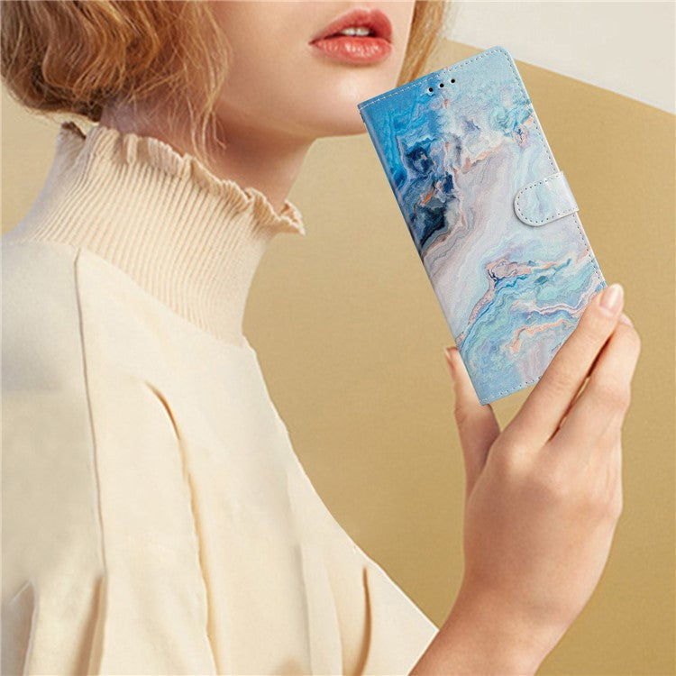 For Samsung Galaxy S25 Edge Wallet Case PU Leather Pattern Printing Stand Phone Cover with Strap - Blue Marble