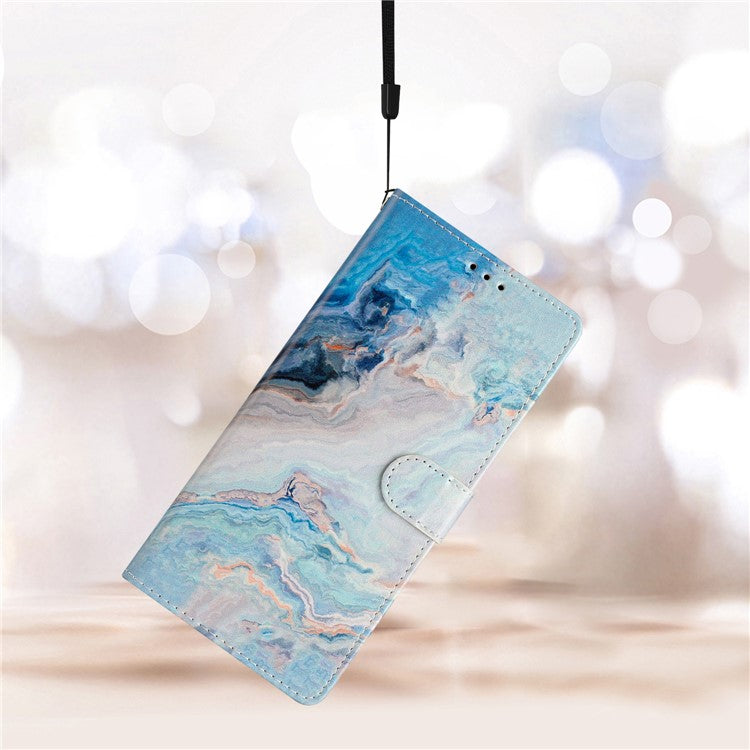 For Samsung Galaxy S25 Edge Wallet Case PU Leather Pattern Printing Stand Phone Cover with Strap - Blue Marble
