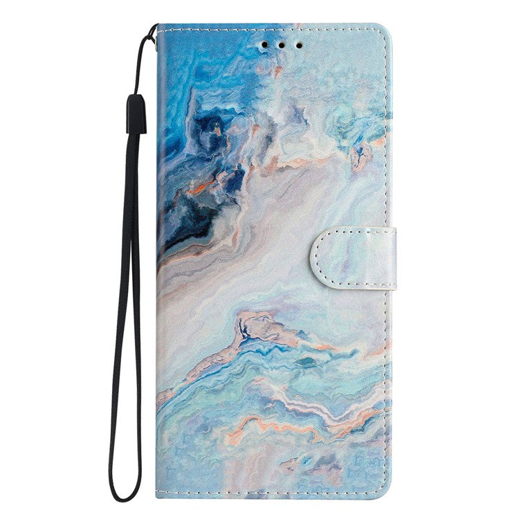 For Samsung Galaxy S25 Edge Wallet Case PU Leather Pattern Printing Stand Phone Cover with Strap - Blue Marble