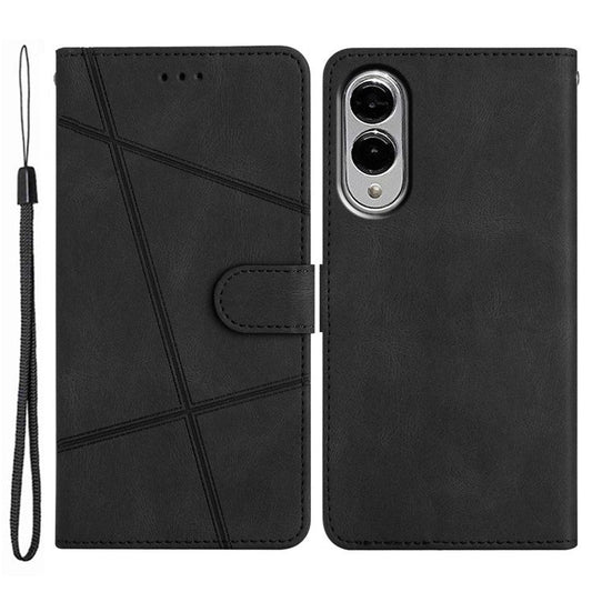 For Samsung Galaxy S25 Edge Wallet Case Line Imprinted Skin-Touch Anti-Drop Leather Flip Phone Cover - Black