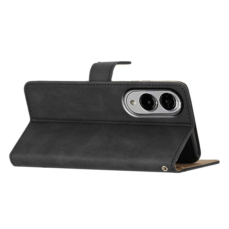 For Samsung Galaxy S25 Edge Wallet Case Line Imprinted Skin-Touch Anti-Drop Leather Flip Phone Cover - Black