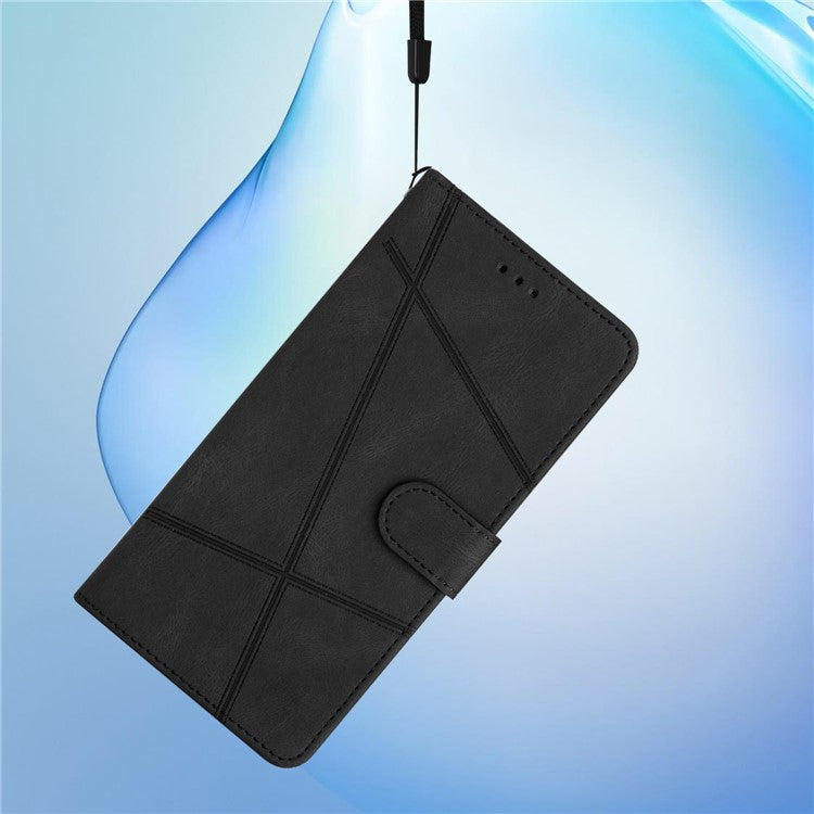 For Samsung Galaxy S25 Edge Wallet Case Line Imprinted Skin-Touch Anti-Drop Leather Flip Phone Cover - Black