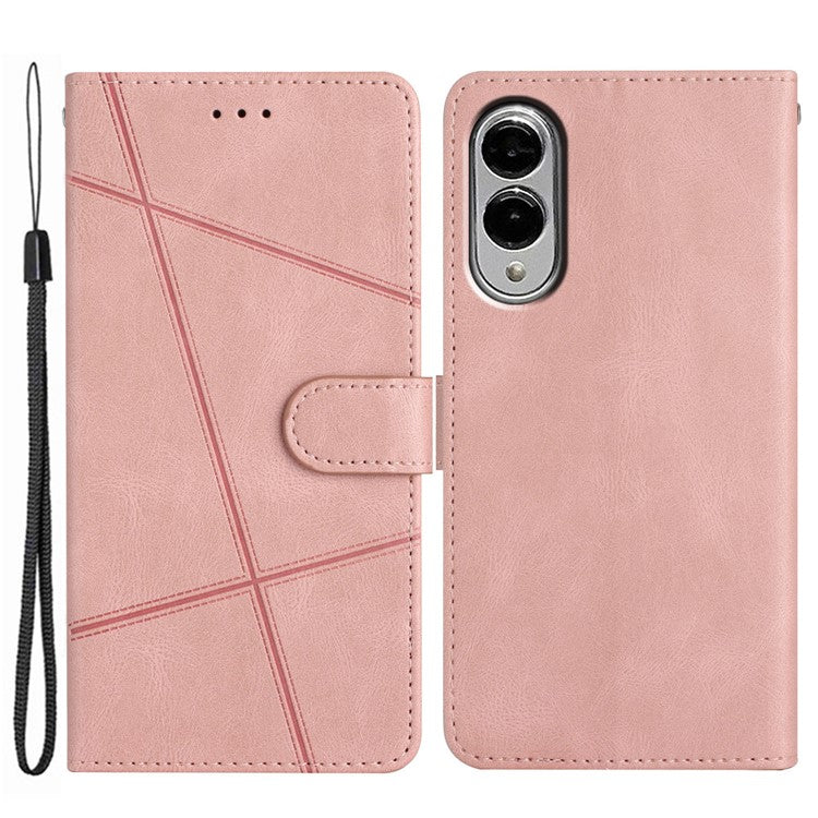 For Samsung Galaxy S25 Edge Wallet Case Line Imprinted Skin-Touch Anti-Drop Leather Flip Phone Cover - Rose Gold