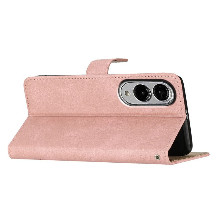 For Samsung Galaxy S25 Edge Wallet Case Line Imprinted Skin-Touch Anti-Drop Leather Flip Phone Cover - Rose Gold