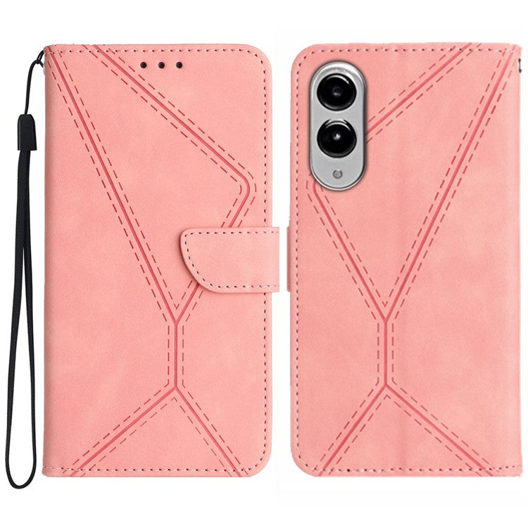 For Samsung Galaxy S25 Edge Case Skin Touch Lines Imprinted PU Leather Flip Phone Cover - Pink