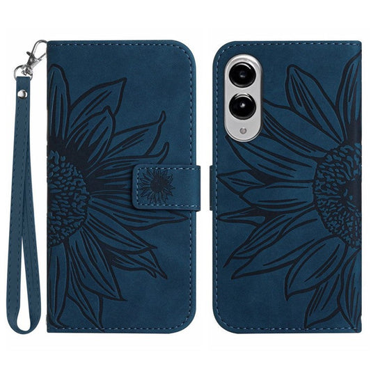 For Samsung Galaxy S25 Edge Case Sunflower Imprint Leather Wallet Phone Cover with Wrist Strap - Dark Blue