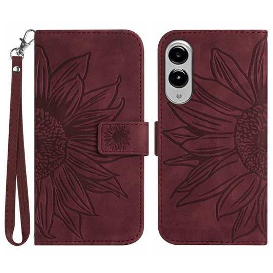For Samsung Galaxy S25 Edge Case Sunflower Imprint Leather Wallet Phone Cover with Wrist Strap - Wine Red