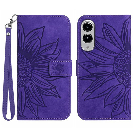 For Samsung Galaxy S25 Edge Case Sunflower Imprint Leather Wallet Phone Cover with Wrist Strap - Dark Purple