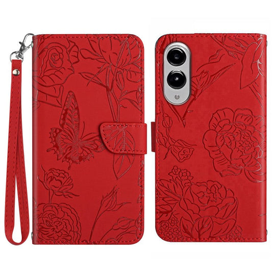 For Samsung Galaxy S25 Edge Case Butterfly Flower Imprinted Leather Phone Cover with Strap - Red