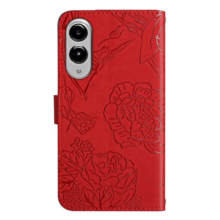 For Samsung Galaxy S25 Edge Case Butterfly Flower Imprinted Leather Phone Cover with Strap - Red