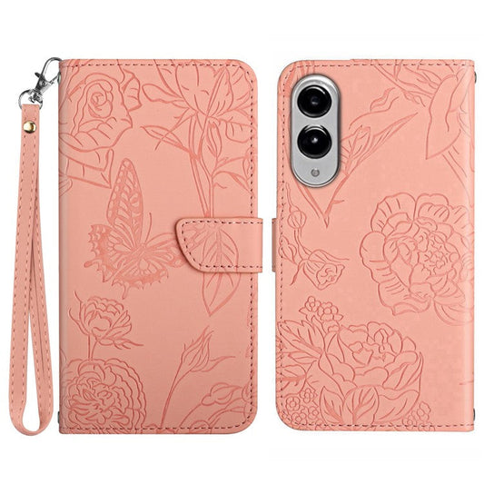 For Samsung Galaxy S25 Edge Case Butterfly Flower Imprinted Leather Phone Cover with Strap - Pink