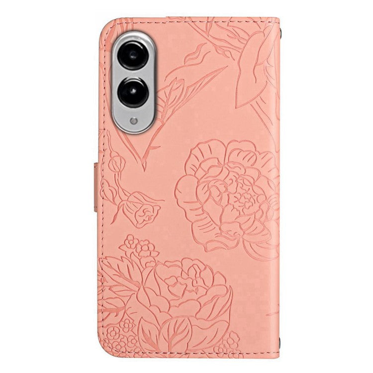 For Samsung Galaxy S25 Edge Case Butterfly Flower Imprinted Leather Phone Cover with Strap - Pink