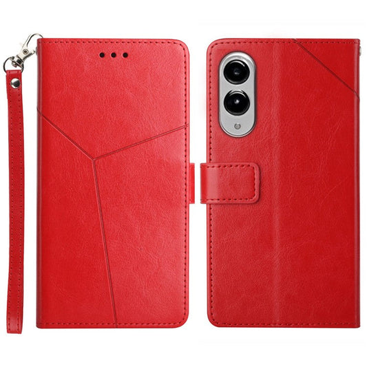 For Samsung Galaxy S25 Edge Case Y Shaped Lines Imprint Leather Phone Cover - Red
