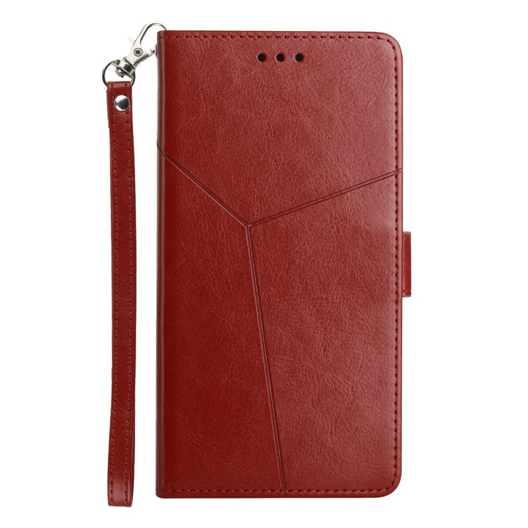 For Samsung Galaxy S25 Edge Case Y Shaped Lines Imprint Leather Phone Cover - Brown