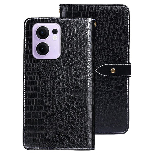 For Oppo Reno13 F 5G Case Wallet Crocodile Texture Genuine Cow Leather Phone Cover - Black