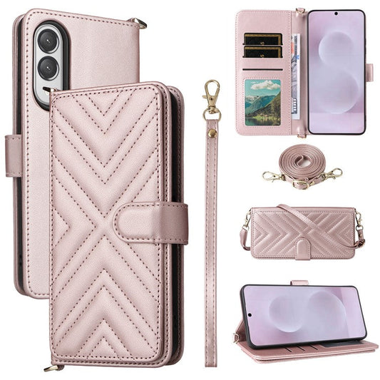 For Samsung Galaxy S25 Edge Case with Shoulder Strap Wallet Leather Phone Cover - Pink