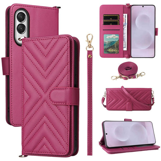 For Samsung Galaxy S25 Edge Case with Shoulder Strap Wallet Leather Phone Cover - Rose