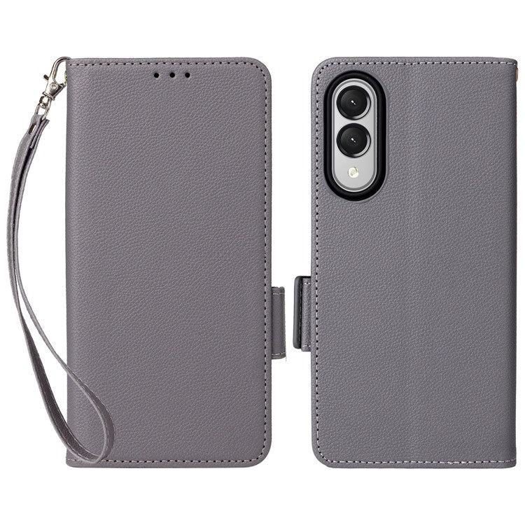For Samsung Galaxy S25 Edge Case Wallet Flip Litchi Texture PU Leather Phone Cover - Grey