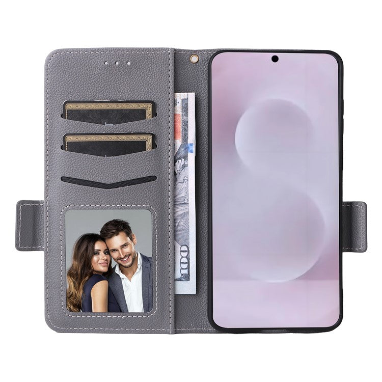 For Samsung Galaxy S25 Edge Case Wallet Flip Litchi Texture PU Leather Phone Cover - Grey