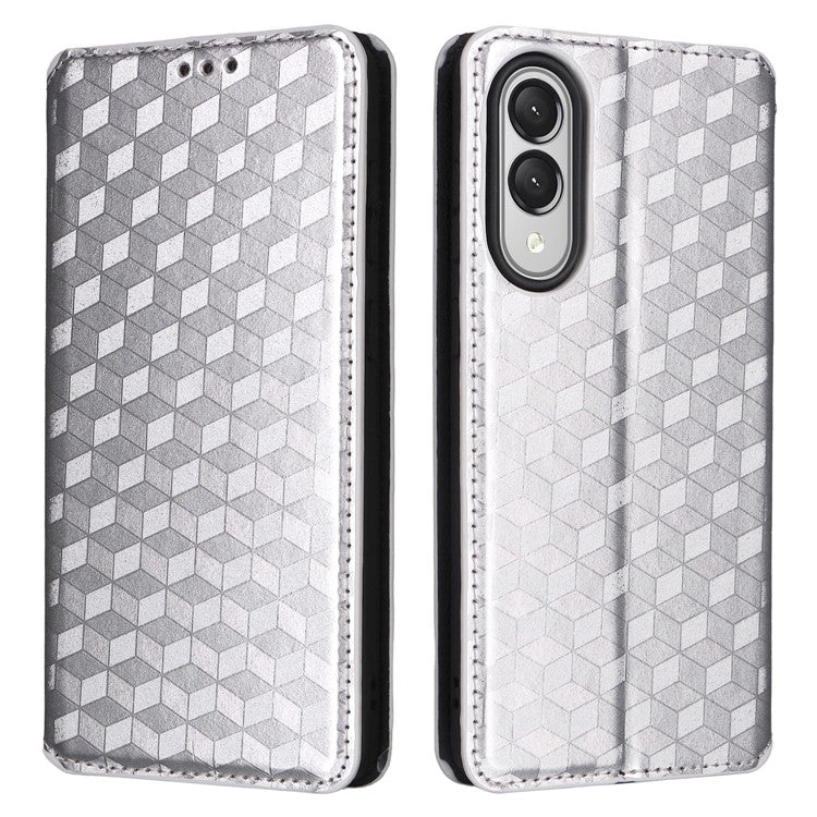 For Samsung Galaxy S25 Edge Case Wallet Rhombus Imprinted Leather Phone Cover - Silver