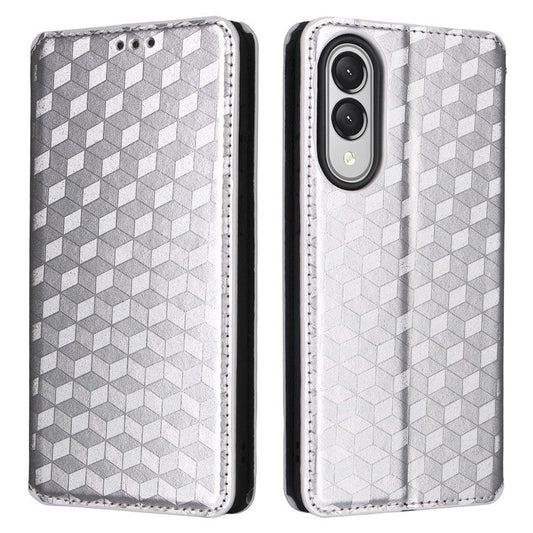 For Samsung Galaxy S25 Edge Case Wallet Rhombus Imprinted Leather Phone Cover - Silver