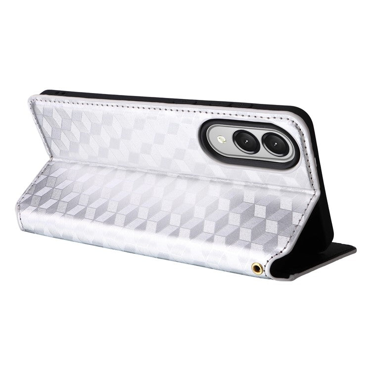 For Samsung Galaxy S25 Edge Case Wallet Rhombus Imprinted Leather Phone Cover - Silver