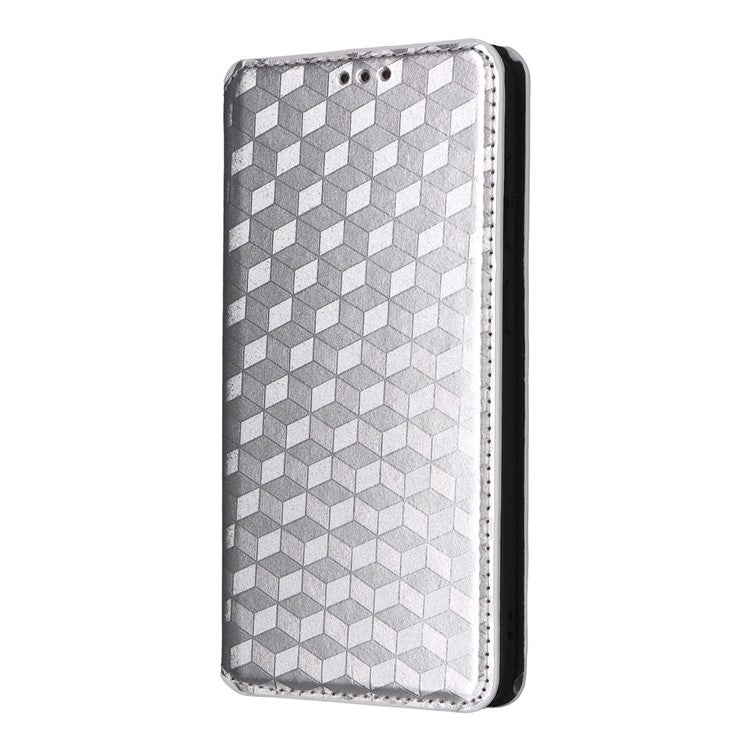For Samsung Galaxy S25 Edge Case Wallet Rhombus Imprinted Leather Phone Cover - Silver
