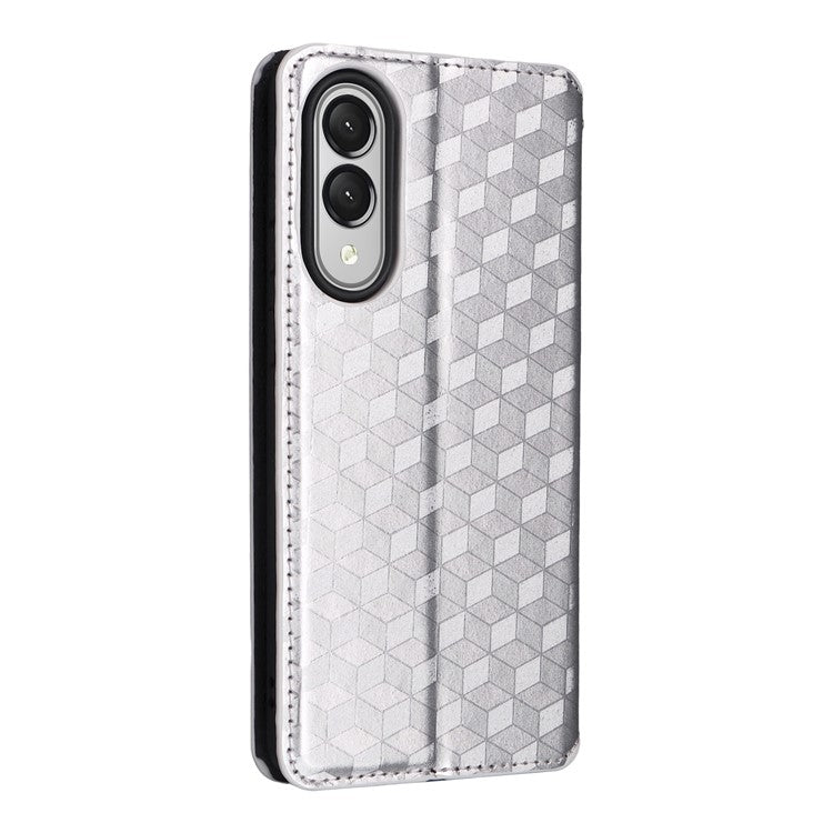 For Samsung Galaxy S25 Edge Case Wallet Rhombus Imprinted Leather Phone Cover - Silver