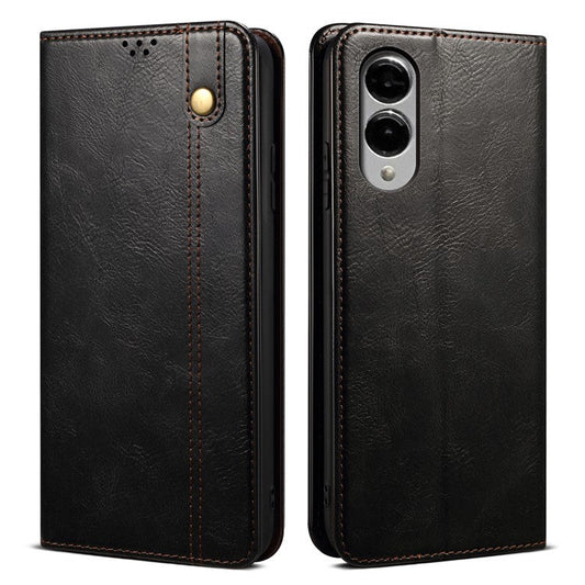 For Samsung Galaxy S25 Edge Case Crazy Horse Texture Waxy Leather Wallet Stand Phone Cover - Black