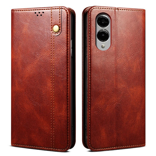 For Samsung Galaxy S25 Edge Case Crazy Horse Texture Waxy Leather Wallet Stand Phone Cover - Brown