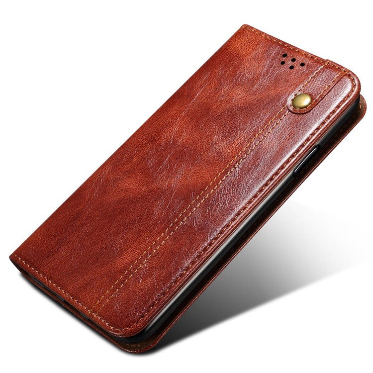 For Samsung Galaxy S25 Edge Case Crazy Horse Texture Waxy Leather Wallet Stand Phone Cover - Brown