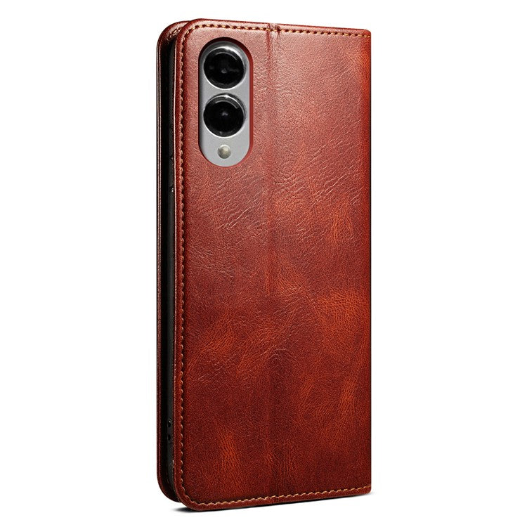 For Samsung Galaxy S25 Edge Case Crazy Horse Texture Waxy Leather Wallet Stand Phone Cover - Brown