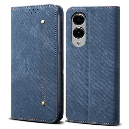 For Samsung Galaxy S25 Edge Case Jeans Cloth Texture Anti-Scratch Leather Stand Phone Cover - Blue