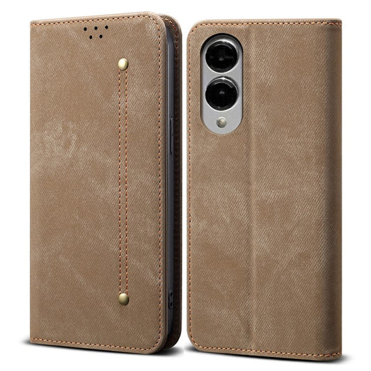 For Samsung Galaxy S25 Edge Case Jeans Cloth Texture Anti-Scratch Leather Stand Phone Cover - Khaki
