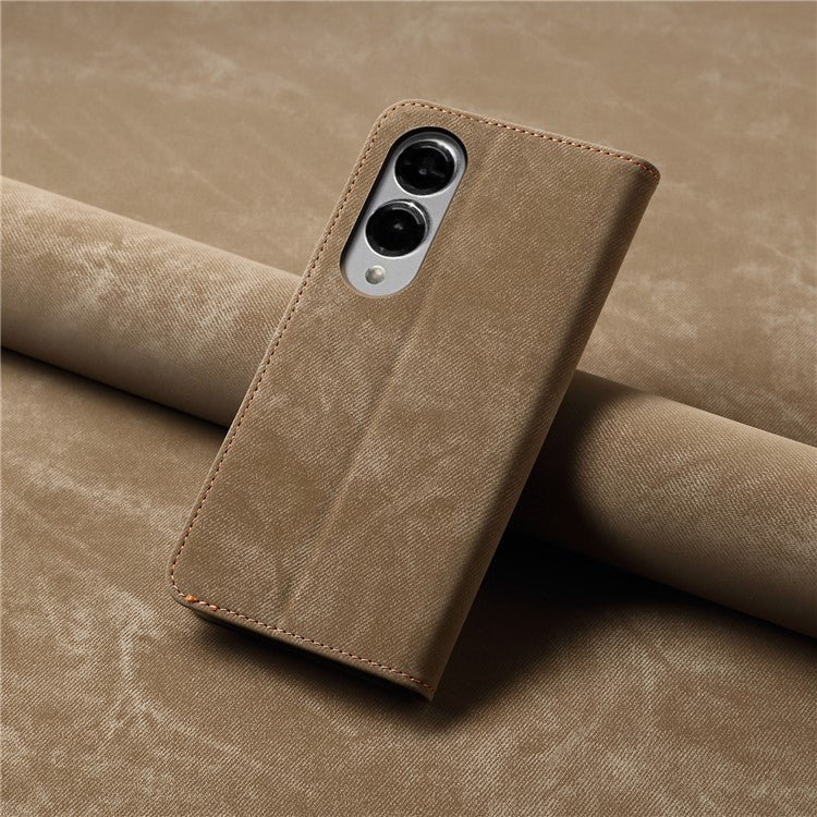 For Samsung Galaxy S25 Edge Case Jeans Cloth Texture Anti-Scratch Leather Stand Phone Cover - Khaki