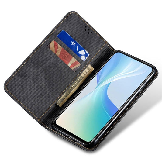 For vivo V50 5G Case Jeans Cloth Texture Anti-Scratch Leather Stand Phone Cover - Black