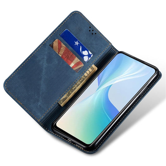 For vivo V50 5G Case Jeans Cloth Texture Anti-Scratch Leather Stand Phone Cover - Blue