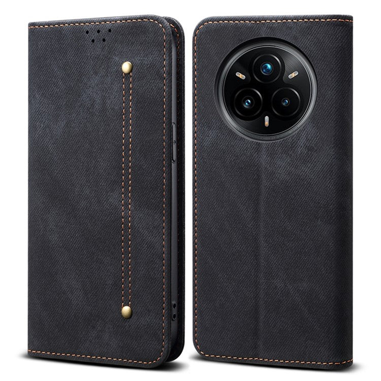 For Realme 14 Pro 5G Case Jeans Cloth Texture Anti-Scratch Leather Stand Phone Cover - Black
