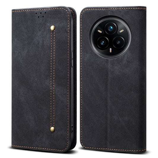 For Realme 14 Pro 5G Case Jeans Cloth Texture Anti-Scratch Leather Stand Phone Cover - Black