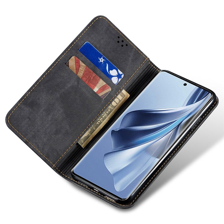 For Realme 14 Pro 5G Case Jeans Cloth Texture Anti-Scratch Leather Stand Phone Cover - Black