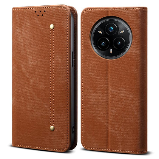 For Realme 14 Pro 5G Case Jeans Cloth Texture Anti-Scratch Leather Stand Phone Cover - Coffee