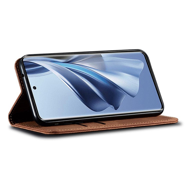 For Realme 14 Pro 5G Case Jeans Cloth Texture Anti-Scratch Leather Stand Phone Cover - Coffee